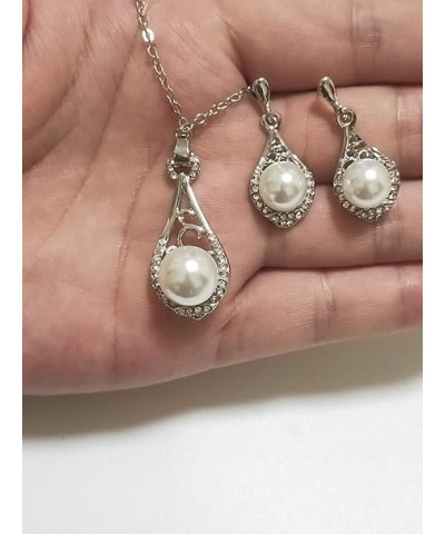 Faux Pearl Strands Necklace Earrings Set Crystal Teardrop Pendant Necklace Chain Dangle Jewelry for Women Girls (Silver) Silv...