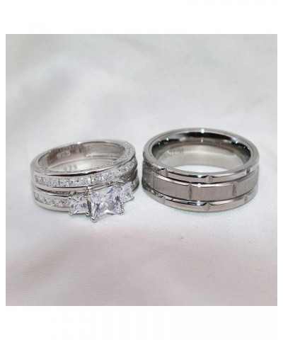 TWO RINGS Wedding Ring Sets His And Hers Promise Ring Couples Bridal Sets Women 925 Sterling Silver square Cz Man Stainless S...