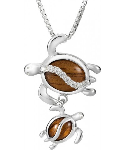 925 Sterling Silver Mother and Baby Hawaiian Sea Turtle Necklace Pendant Opal Koa Wood Cubic Zirconia with 18" Box Chain, Nic...