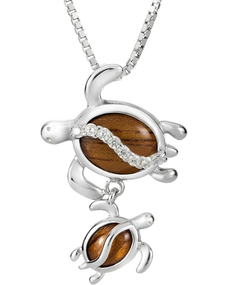 925 Sterling Silver Mother and Baby Hawaiian Sea Turtle Necklace Pendant Opal Koa Wood Cubic Zirconia with 18" Box Chain, Nic...