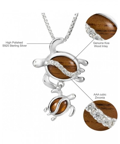 925 Sterling Silver Mother and Baby Hawaiian Sea Turtle Necklace Pendant Opal Koa Wood Cubic Zirconia with 18" Box Chain, Nic...