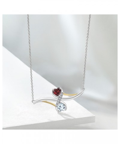 925 Sterling Silver and 10K Yellow Gold Red Garnet and Sky Blue Aquamarine Pendant Necklace For Women (1.08 Cttw, Gemstone Bi...