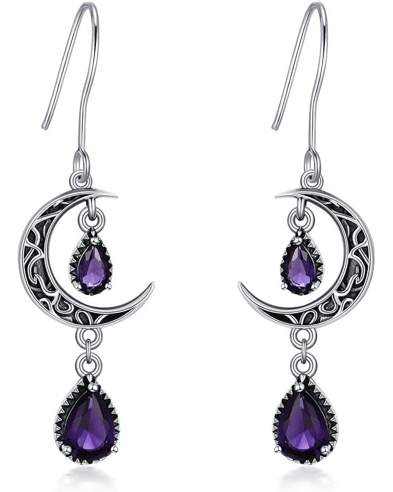 Moon Earrings for Women 925 Sterling Silver Celtic Moon Dangle Drop Earrings Emerald / Amethyst / Ruby / Sapphire/ Pink / Per...