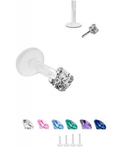 925 Sterling Silver Labret Nose Ring Stud Bioflex Post 3/16, 1/4, 9/32, 5/16, 3/8 2.5mm CZ 16G or 18G 16G - Aqua - 1/4" Labre...