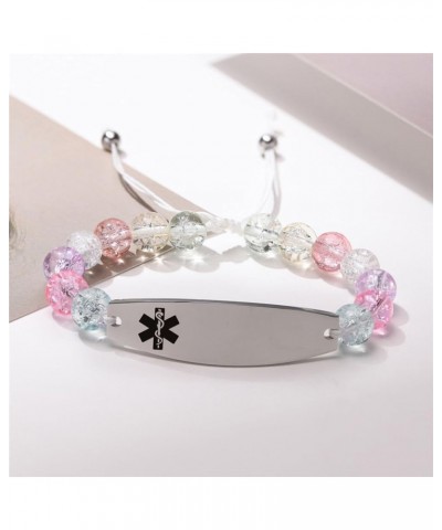 Personalized Medical Alert Bracelet for Women Girls,Customized Name ICE Medic ID Wristband Pink Beads Laser Engraving ID Brac...