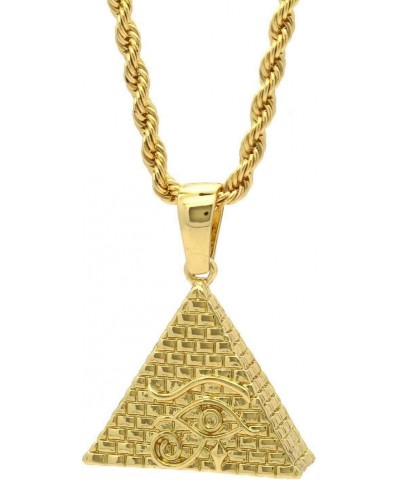 Iced Simulated Diamond 14K Gold Plated Egyptian Eye of Horus Pyramid Pendant & 4mm 24" Rope Chain Hip Hop Jewelry Fashion Nec...