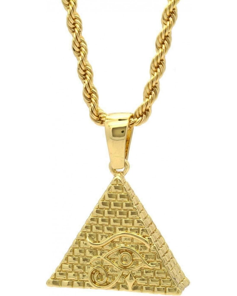 Iced Simulated Diamond 14K Gold Plated Egyptian Eye of Horus Pyramid Pendant & 4mm 24" Rope Chain Hip Hop Jewelry Fashion Nec...