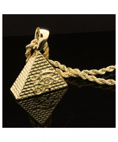 Iced Simulated Diamond 14K Gold Plated Egyptian Eye of Horus Pyramid Pendant & 4mm 24" Rope Chain Hip Hop Jewelry Fashion Nec...