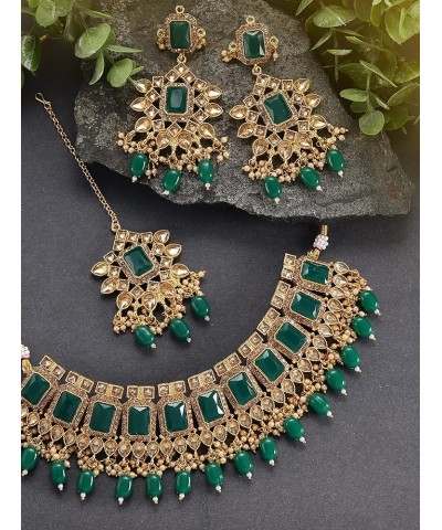 Traditional Faux Kudan Choker Necklace Earrings Maang Tikka Set Bollywood Wedding Indian Bridal Fashion Jewelry for Women Gre...