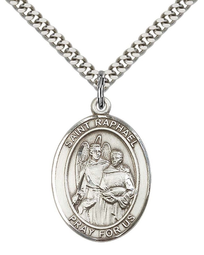 Sterling Silver St. Raphael the Archangel Pendant with 24" Stainless Steel Heavy Curb Chain. Patron Saint of Blind/Love/Safe ...