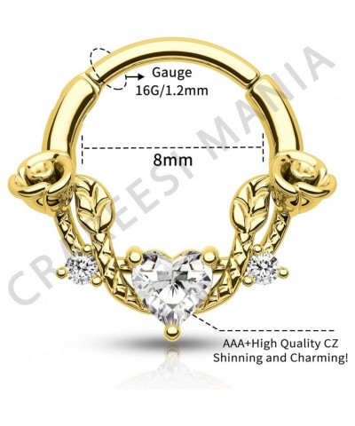 Rose Septum Ring 16G Hinged Segment Rings 316L Stainless Steel Daith Earrings Heart CZ Septum Daith Helix Cartilage Piercing ...