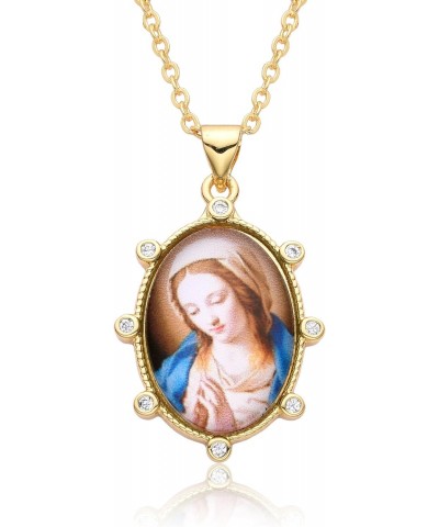 Virgin Mary Photo Pendant Necklace 14k Gold Plated Cubic Zirconia Oval Vintage Portrait Layered Necklaces Personalize Christi...