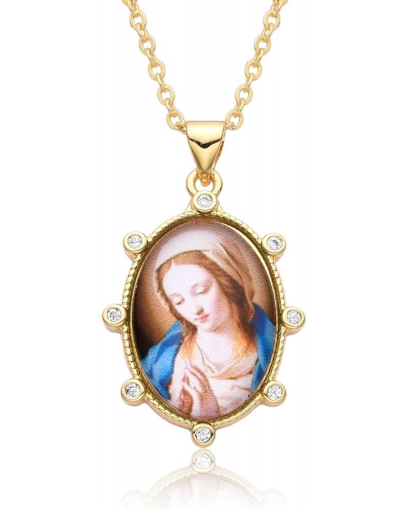 Virgin Mary Photo Pendant Necklace 14k Gold Plated Cubic Zirconia Oval Vintage Portrait Layered Necklaces Personalize Christi...