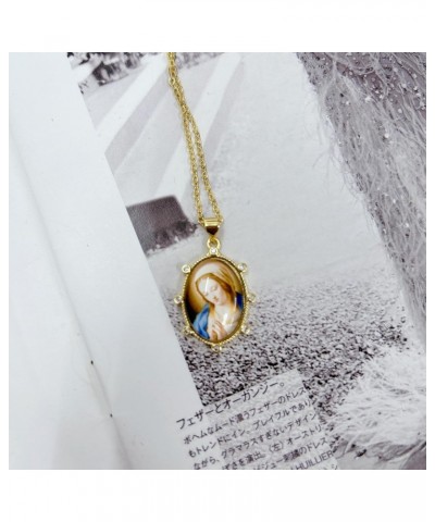 Virgin Mary Photo Pendant Necklace 14k Gold Plated Cubic Zirconia Oval Vintage Portrait Layered Necklaces Personalize Christi...