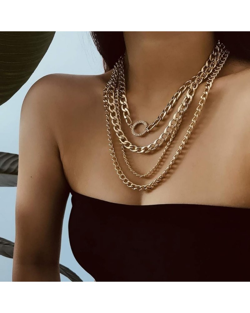 Punk Layered Cuban Link Chain Choker Necklace Crystal Circle Pendant Necklace Chunky Boho Necklace Jewelry for Women and Girl...