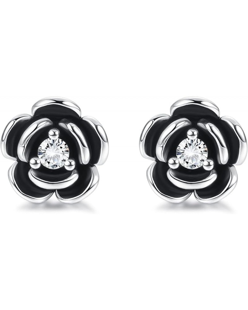 Rose Flower Stud Earrings for Women 925 Sterling Silver Black Rose Stud Earrings White Gold Rose Gold Plated Cubic Zirconia S...