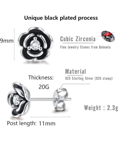 Rose Flower Stud Earrings for Women 925 Sterling Silver Black Rose Stud Earrings White Gold Rose Gold Plated Cubic Zirconia S...