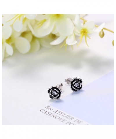 Rose Flower Stud Earrings for Women 925 Sterling Silver Black Rose Stud Earrings White Gold Rose Gold Plated Cubic Zirconia S...