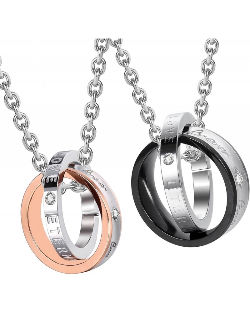 His & Hers Couples Engraved Double Ring Pendant Necklace Eternal Love - Forever Love - Black -Rose Gold - Silver $14.44 Neckl...