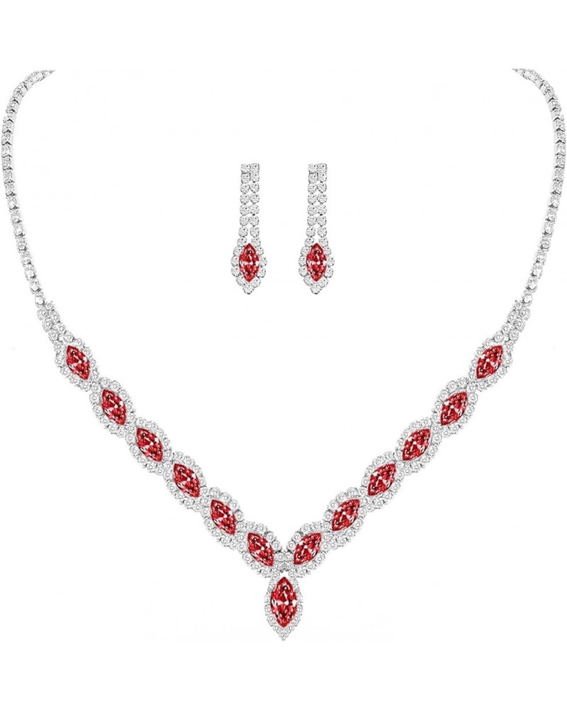 CZ Rhinestone Necklace Earrings Wedding Jewelry Set For Bride Bridesmaid Prom Evening Party Homecoming Red $12.70 Jewelry Sets