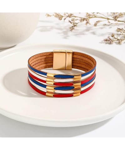 USA American Flag Leather Wrap Bracelet for Women Gold Plated Red Blue White Cuff Bracelet Jewelry with Clasp Bangle Bracelet...