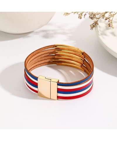 USA American Flag Leather Wrap Bracelet for Women Gold Plated Red Blue White Cuff Bracelet Jewelry with Clasp Bangle Bracelet...