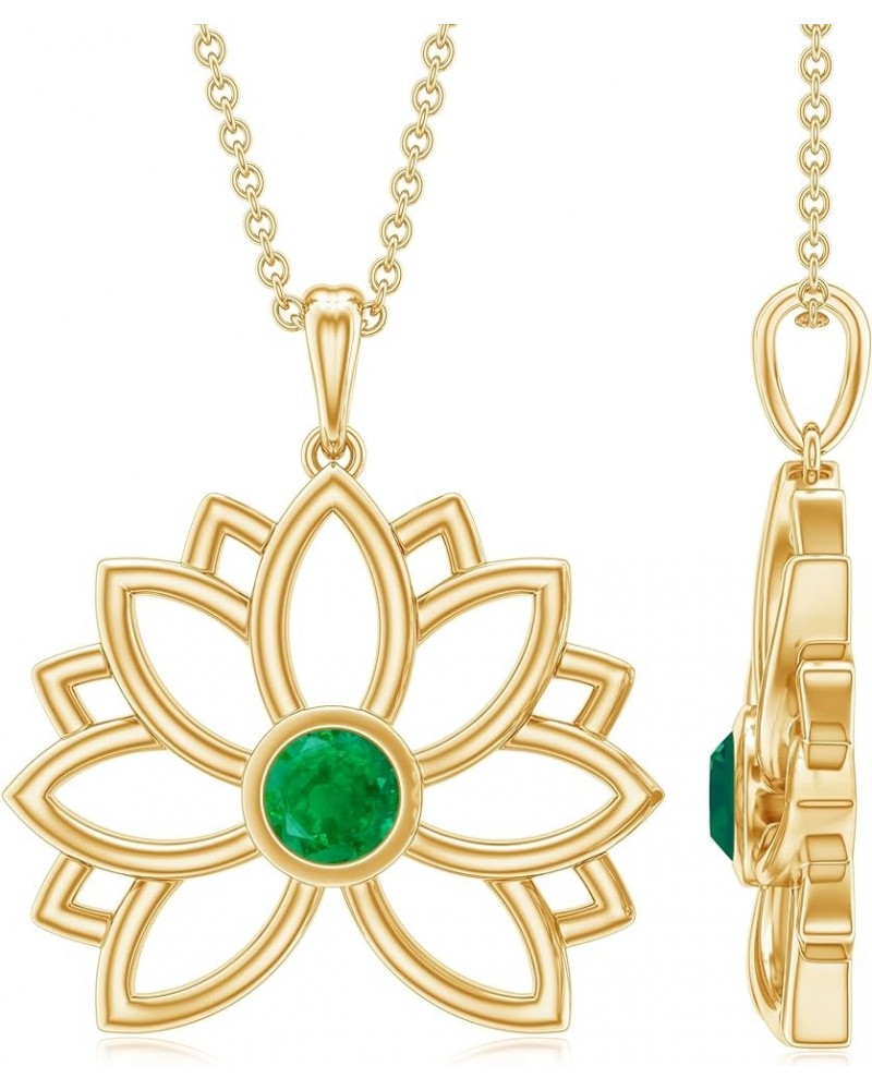 May Birthstone - Natural Emerald Lotus Floral Pendant Necklace for Women, Bezel Set Round Emerald Pendant in Solid Gold Flowe...