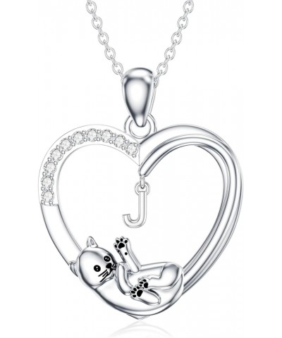 Cat Heart Necklace with Initial Silver Cat Initial Necklace 26 Alphabets Cat Jewelry Gift for Women Girls J $29.28 Necklaces