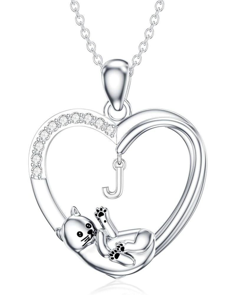 Cat Heart Necklace with Initial Silver Cat Initial Necklace 26 Alphabets Cat Jewelry Gift for Women Girls J $29.28 Necklaces