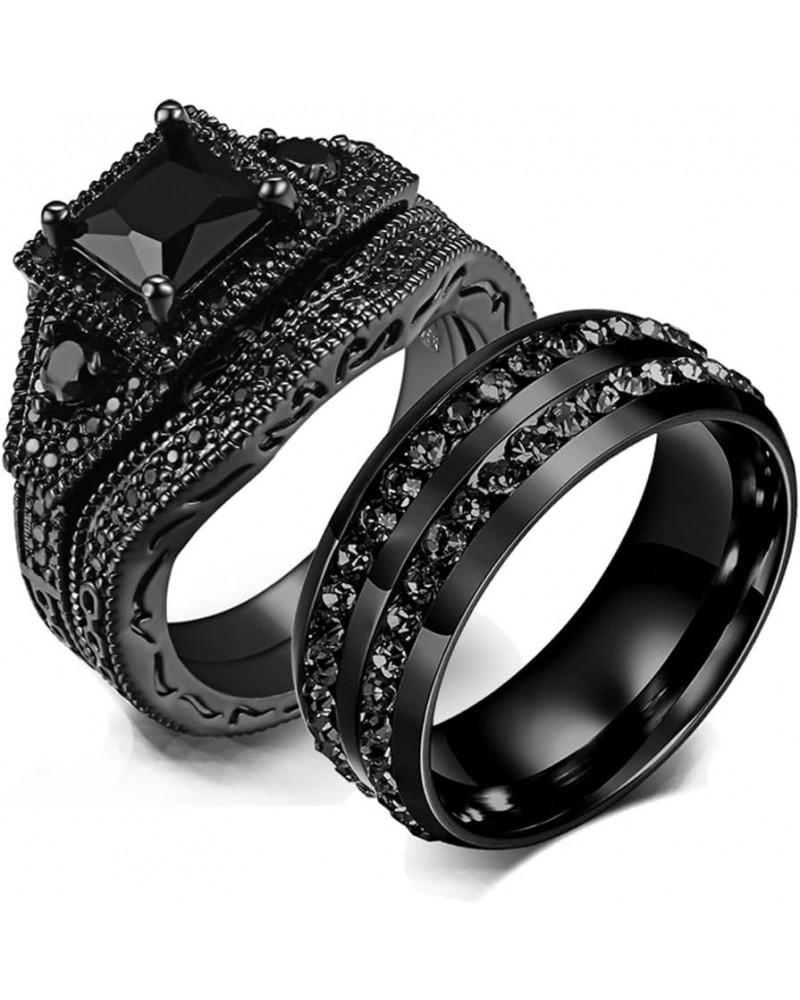 Couple Ring Bridal Set His Hers Black Gold Plated CZ Stainless Steel Wedding Ring Band Set women's size 5 & men's size 12 $12...