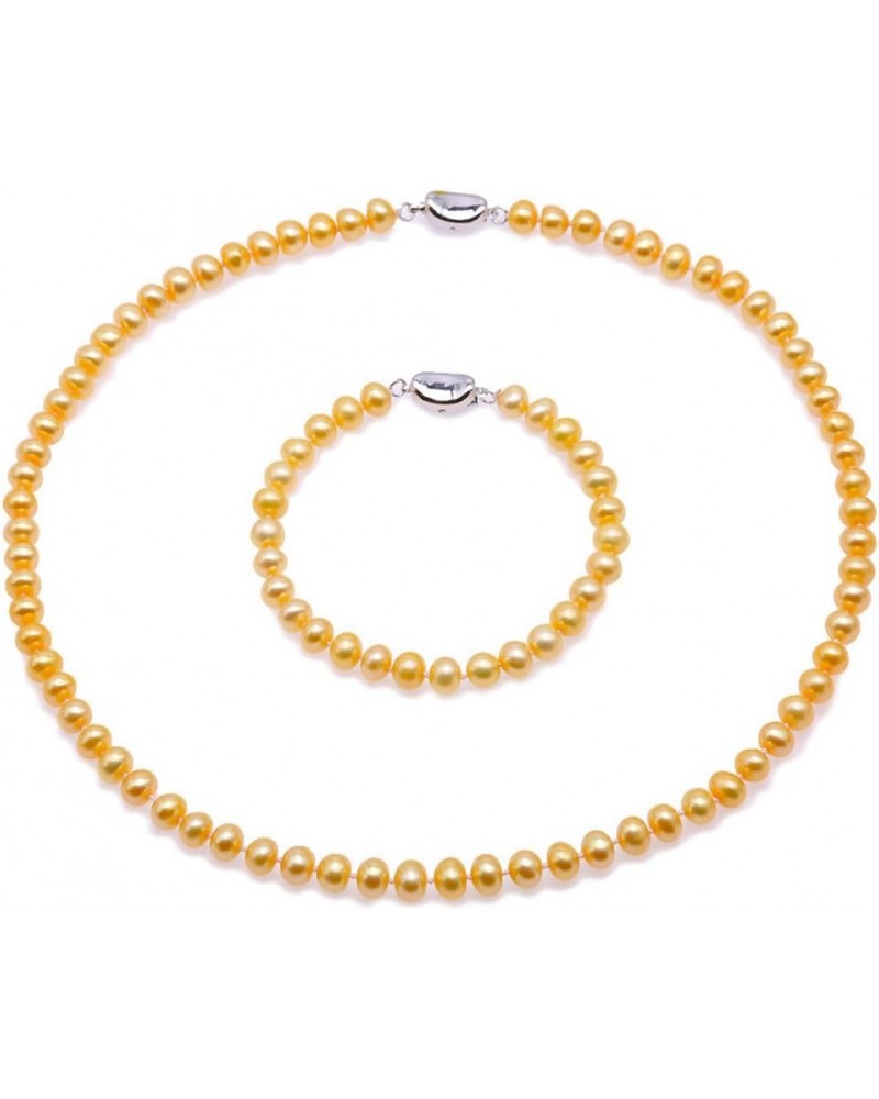 Necklace Set AA+ 6-7mm Golden Flat Round Freshwater Pearl Necklace Bracelet and Earrings Set Necklace Bracelet $28.04 Jewelry...