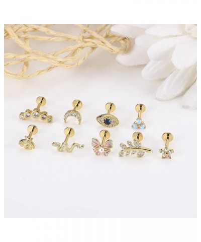 9Pcs 16G Cartilage Earrings Stud for Women Stainless Steel Top Screw Flat Back Earrings Butterfly Moon Flower CZ Cartilage Ea...