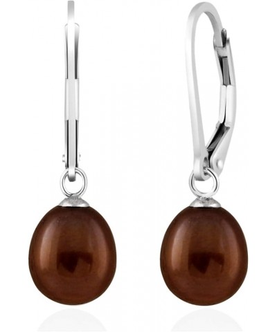 925 Sterling Silver 8mm Genuine Pearls Freshwater Cultured Lever-back Dangle Earrings for Women Brown $13.99 Earrings