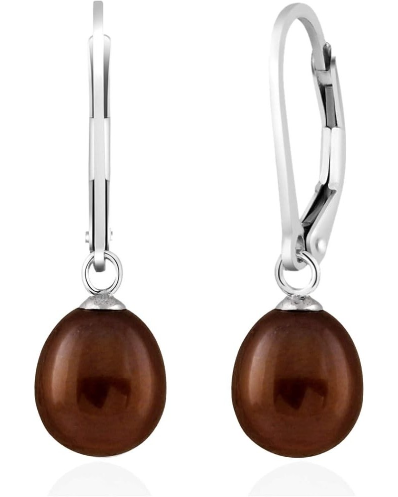 925 Sterling Silver 8mm Genuine Pearls Freshwater Cultured Lever-back Dangle Earrings for Women Brown $13.99 Earrings