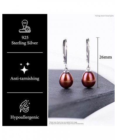 925 Sterling Silver 8mm Genuine Pearls Freshwater Cultured Lever-back Dangle Earrings for Women Brown $13.99 Earrings