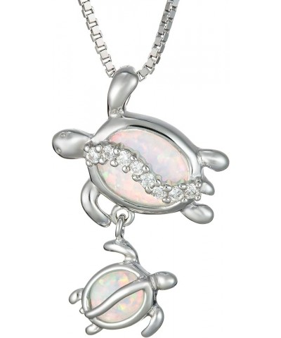 925 Sterling Silver Mother and Baby Hawaiian Sea Turtle Necklace Pendant Opal Koa Wood Cubic Zirconia with 18" Box Chain, Nic...