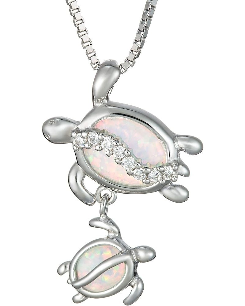 925 Sterling Silver Mother and Baby Hawaiian Sea Turtle Necklace Pendant Opal Koa Wood Cubic Zirconia with 18" Box Chain, Nic...