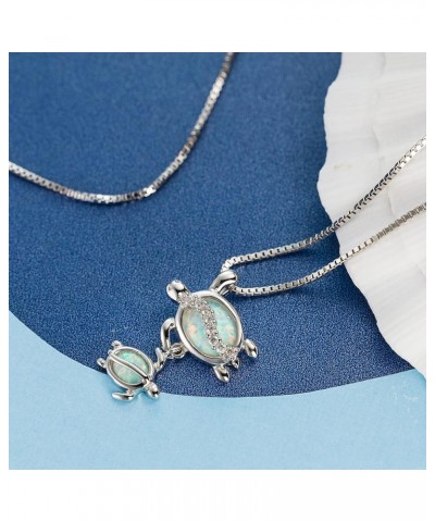 925 Sterling Silver Mother and Baby Hawaiian Sea Turtle Necklace Pendant Opal Koa Wood Cubic Zirconia with 18" Box Chain, Nic...