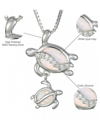 925 Sterling Silver Mother and Baby Hawaiian Sea Turtle Necklace Pendant Opal Koa Wood Cubic Zirconia with 18" Box Chain, Nic...