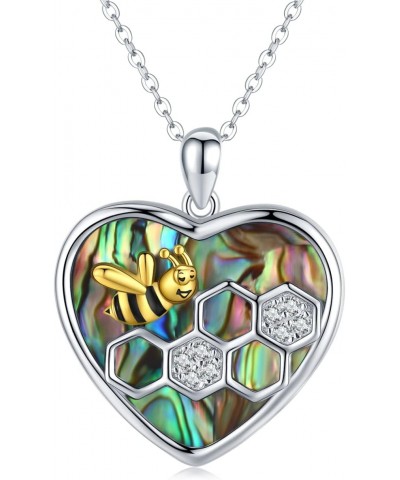 Bee Necklace 925 Sterling Silver Honeycomb Bee Pendant Heart Abalone Shell Necklace Bee Jewelry Gifts for Women $24.63 Necklaces