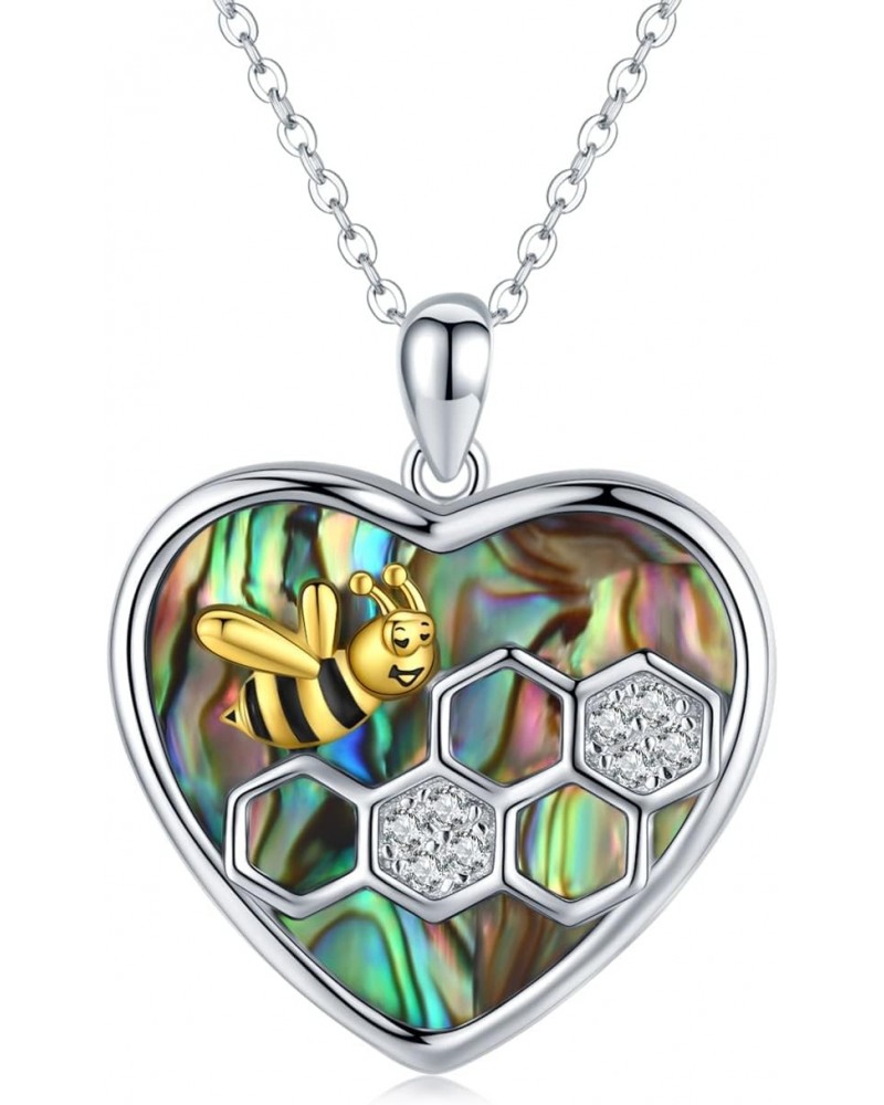 Bee Necklace 925 Sterling Silver Honeycomb Bee Pendant Heart Abalone Shell Necklace Bee Jewelry Gifts for Women $24.63 Necklaces