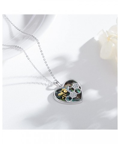 Bee Necklace 925 Sterling Silver Honeycomb Bee Pendant Heart Abalone Shell Necklace Bee Jewelry Gifts for Women $24.63 Necklaces