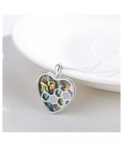 Bee Necklace 925 Sterling Silver Honeycomb Bee Pendant Heart Abalone Shell Necklace Bee Jewelry Gifts for Women $24.63 Necklaces