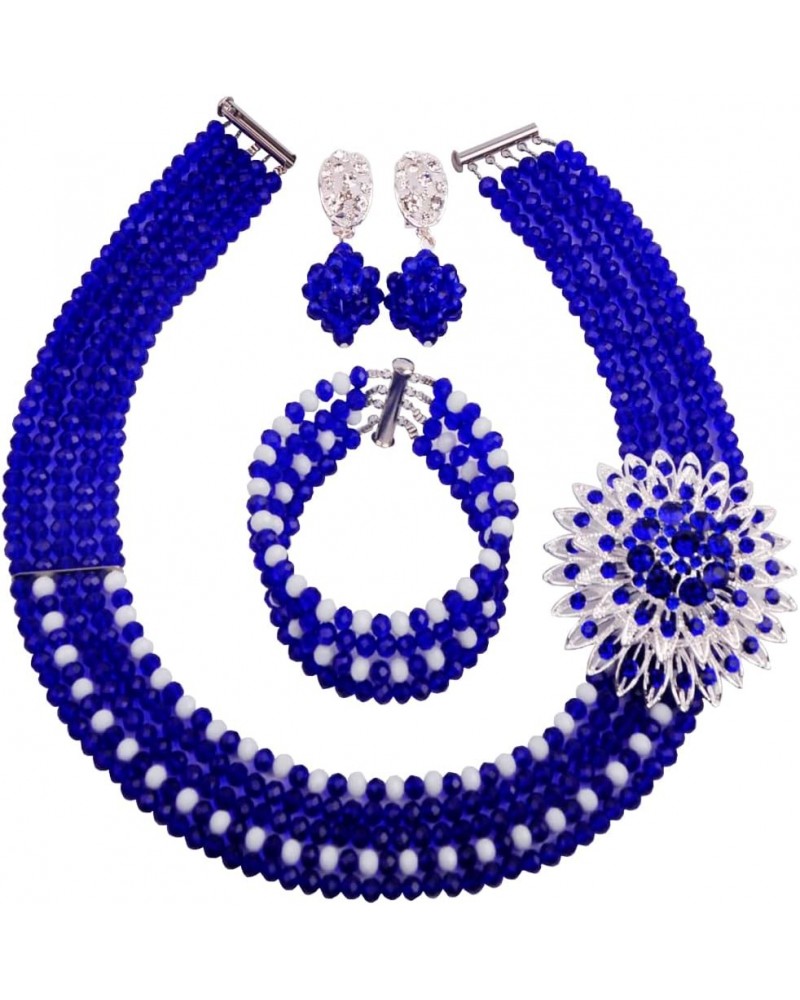 5 Rows Nigerian Beaded Jewelry Set Women African Wedding Beads Crystal Necklace and Earrings Royal Blue and White $18.19 Jewe...