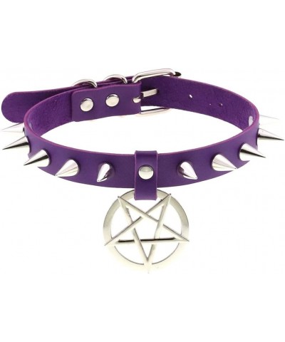 Multicolor PU Simulated Leather Silvert-tone Spikes Rivets Pentagram Star Belt Adjustable Collar Choker Necklace Purple $9.27...