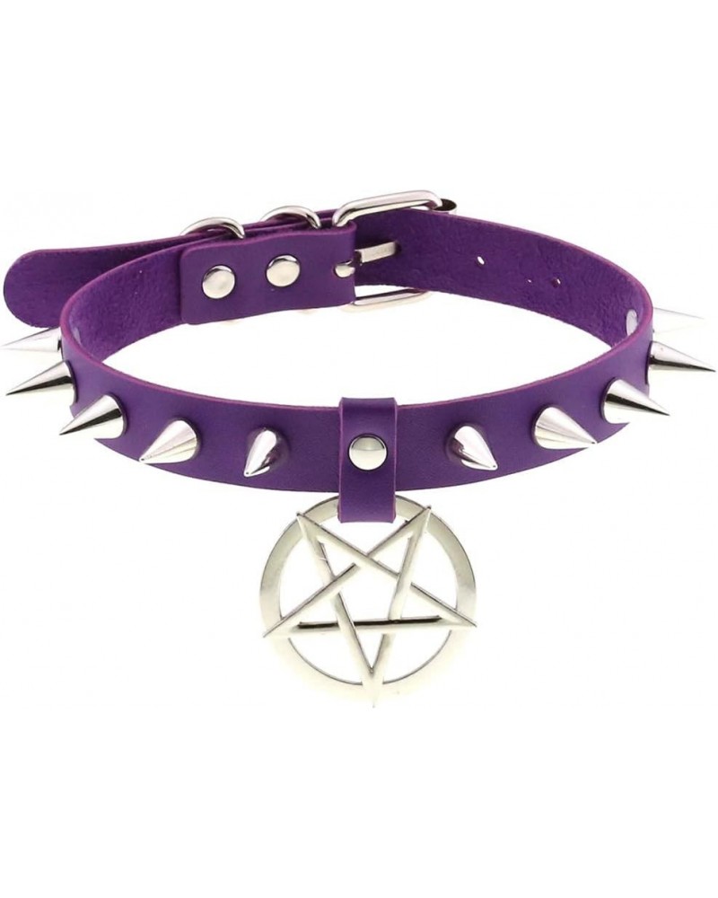 Multicolor PU Simulated Leather Silvert-tone Spikes Rivets Pentagram Star Belt Adjustable Collar Choker Necklace Purple $9.27...