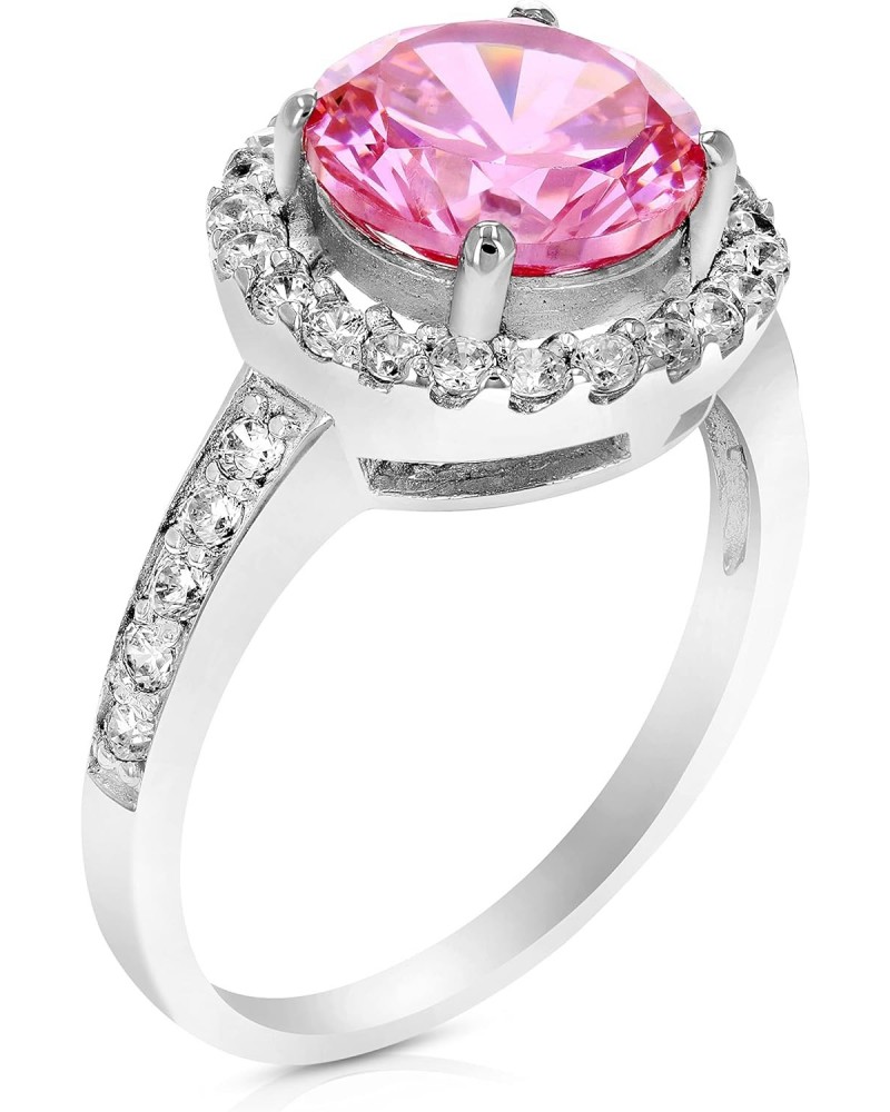 Pink Cubic Zirconia Halo Ring for Women in .925 Sterling Silver with Rhodium Round Shape in Prong Set $25.19 Rings