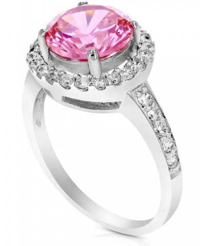 Pink Cubic Zirconia Halo Ring for Women in .925 Sterling Silver with Rhodium Round Shape in Prong Set $25.19 Rings