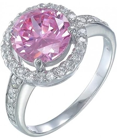 Pink Cubic Zirconia Halo Ring for Women in .925 Sterling Silver with Rhodium Round Shape in Prong Set $25.19 Rings