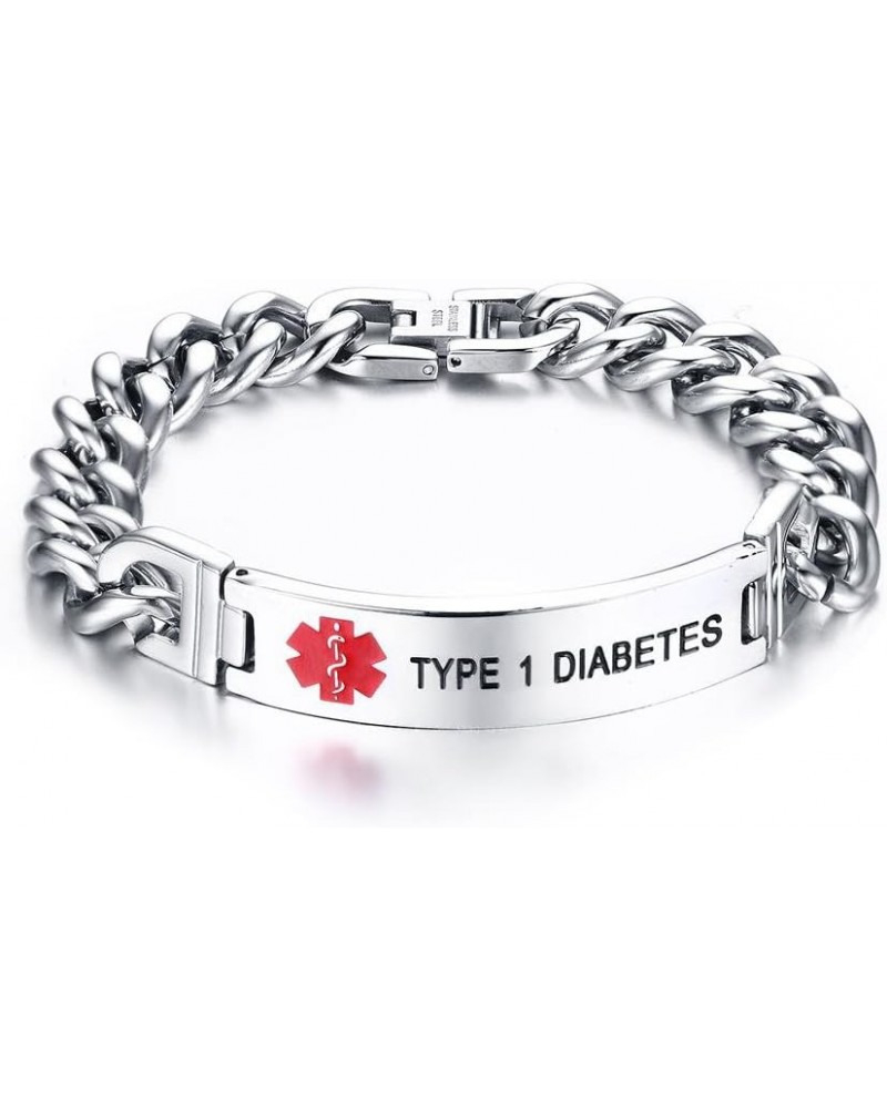 Free Engraving-Medical Alert ID Bracelet for Men Women Medical Tag Stainless Steel Link Chain Wrist Silver-8.3" type 1 diabet...